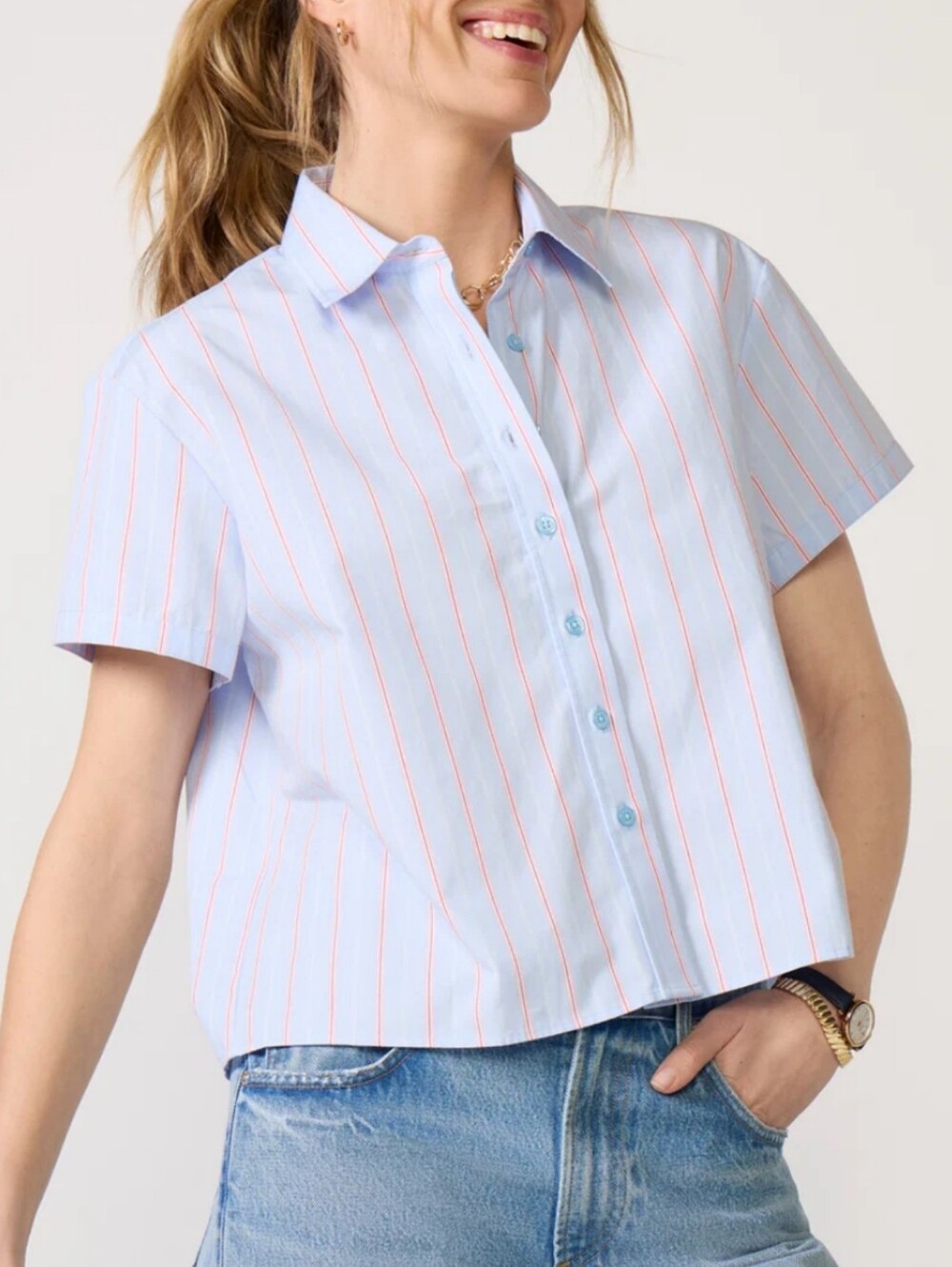 The Shirt Rochelle Behrens Boxy Crop Short Sleeve Striped Button Down M NWOT